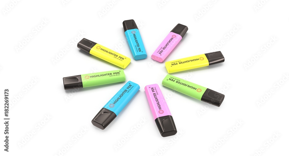3D rendering - set of colorful highlighter pens isolated on white background.