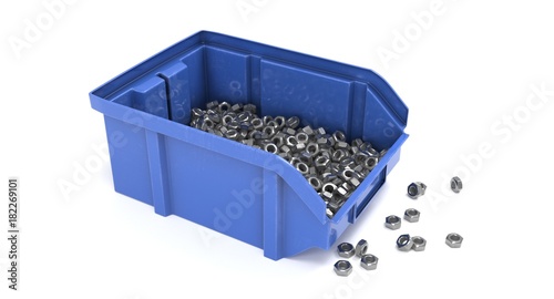 3D rendering - closeup blue plastic storage bin with nuts isolated on white background.