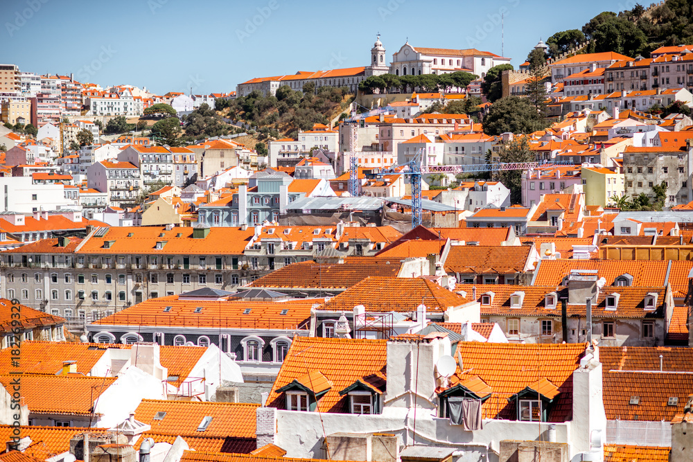 Cityscape view on the old town castle hill during the sunny day in Lisbon city, Portugal