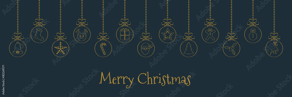 Naklejka premium Christmas banner with wishes and hanging balls with hand drawn decorations. Vector.