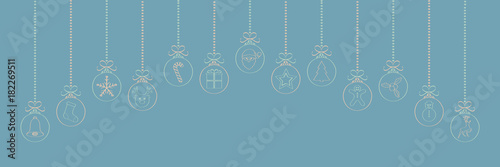Hanging Christmas balls with hand drawn decorations. Vector.