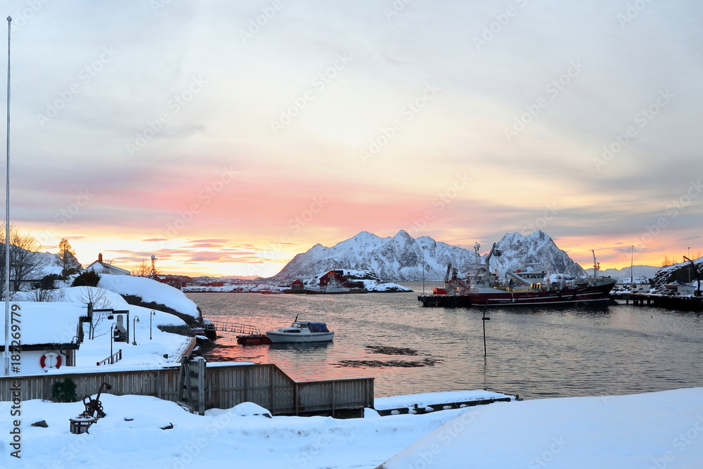 SE.-wards view-sunrise over Svolvaer fishing port-Litlmolla island in background. Lofoten-Nordland-Norway.0601 SE.-wards view-sunrise over Svolvaer fishing port-Litlmolla island in background. Lofoten-Nordland-Norway.0601