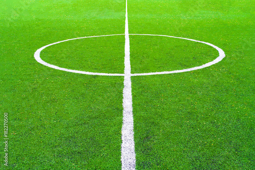 Perspective view of a central circle of green football field (background) © Mikhail