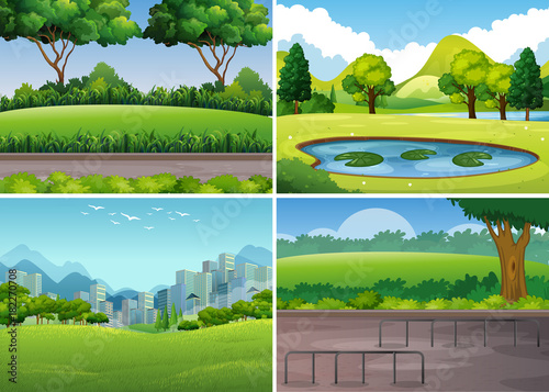 Four park scenes with trees and field