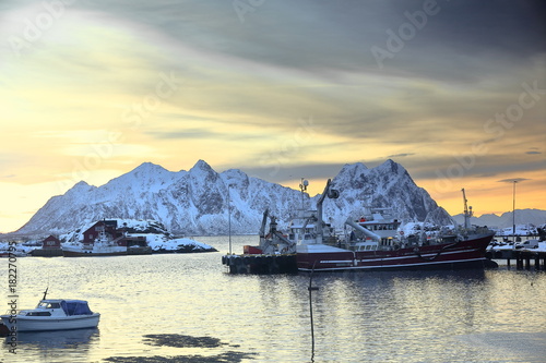 SE.-wards view-sunrise over Svolvaer fishing port-Litlmolla island in background. Lofoten-Nordland-Norway.0611 photo