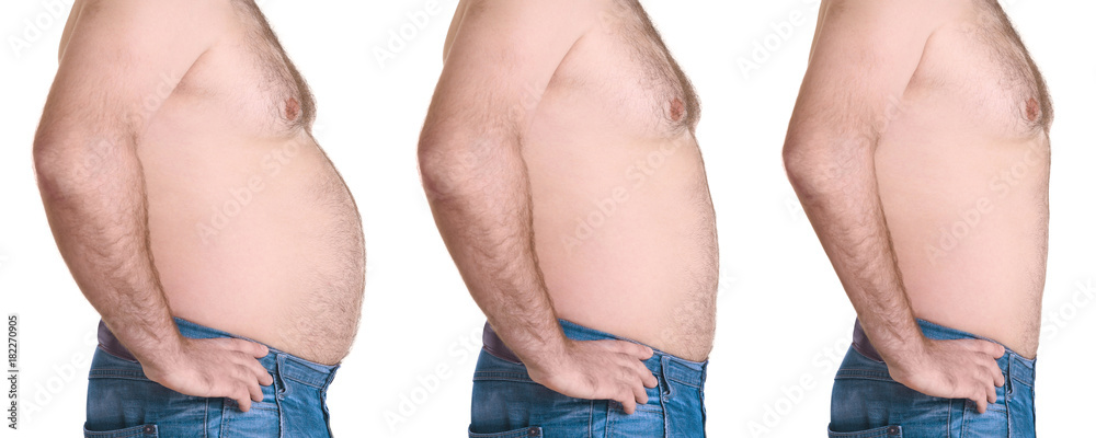 Overweight man before and after weight loss on white background Overweight man before and after weight loss on white background