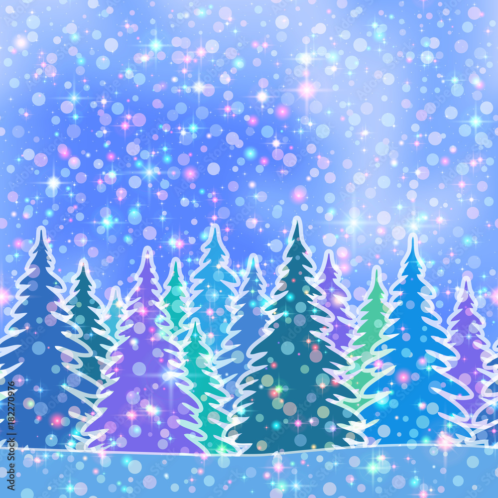 Christmas Horizontal Seamless Background, Magic Landscape with Colorful Fir Trees, Bright Stars and Confetti on Blue Sky, Winter Holiday Illustration. Eps10, Contains Transparencies. Vector