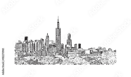 Hand drawn sketch of Chicago skyline, big city, architecture, engraving in vector illustration.