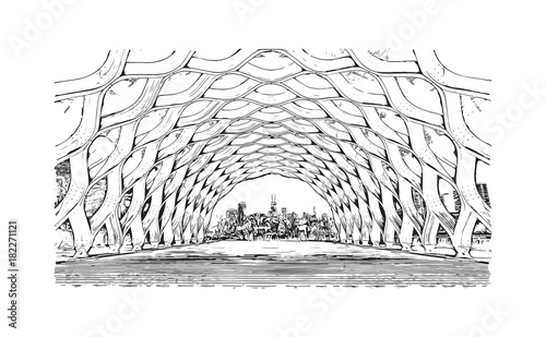 Hand drawn sketch of Chicago skyline, big city, architecture, engraving in vector illustration.
