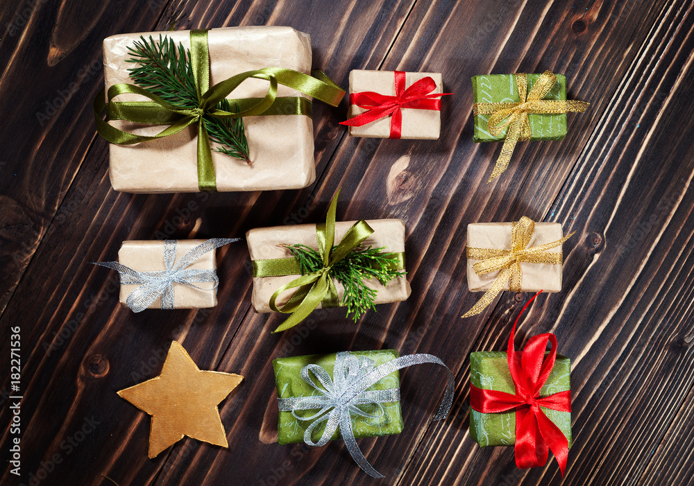 Christmas gift boxes collection for mock up template design. View from above. Flat lay. Christmas gift boxes collection for mock up template design. View from above. Flat lay.