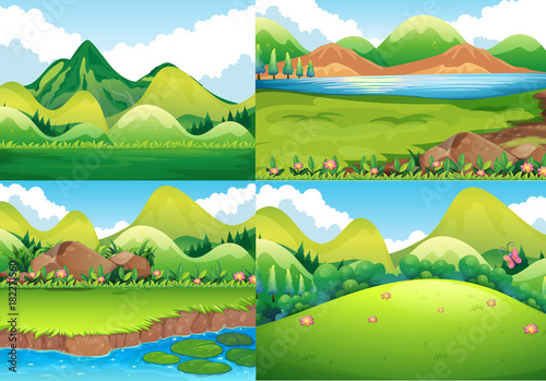 Four background scenes with green field and river