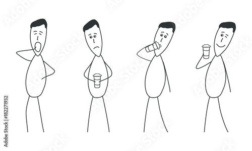 Mr Simple drawn man is yawning, he is tired and needs some coffee. After coffee break he feels much better.