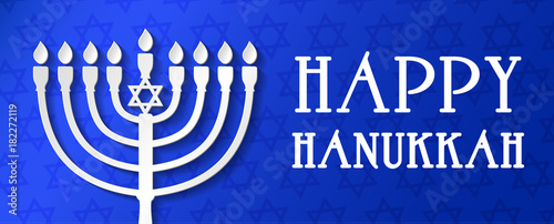 Happy Hanukkah - banner with menorah made of paper. Vector.
