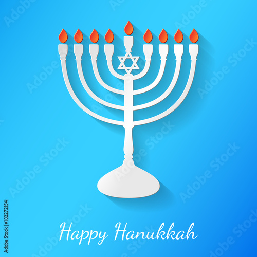 Happy Hanukkah - banner with menorah made of paper. Vector.