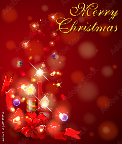 Merry Christmas card with candles on red background