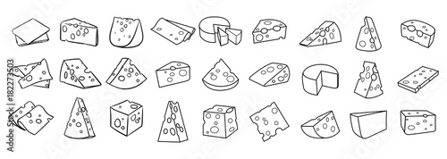 Cheese isolated on a white background, Hand drawn cheese outline vector illustration. Cheese sketch, doodle collection, Set of cheese icons photo