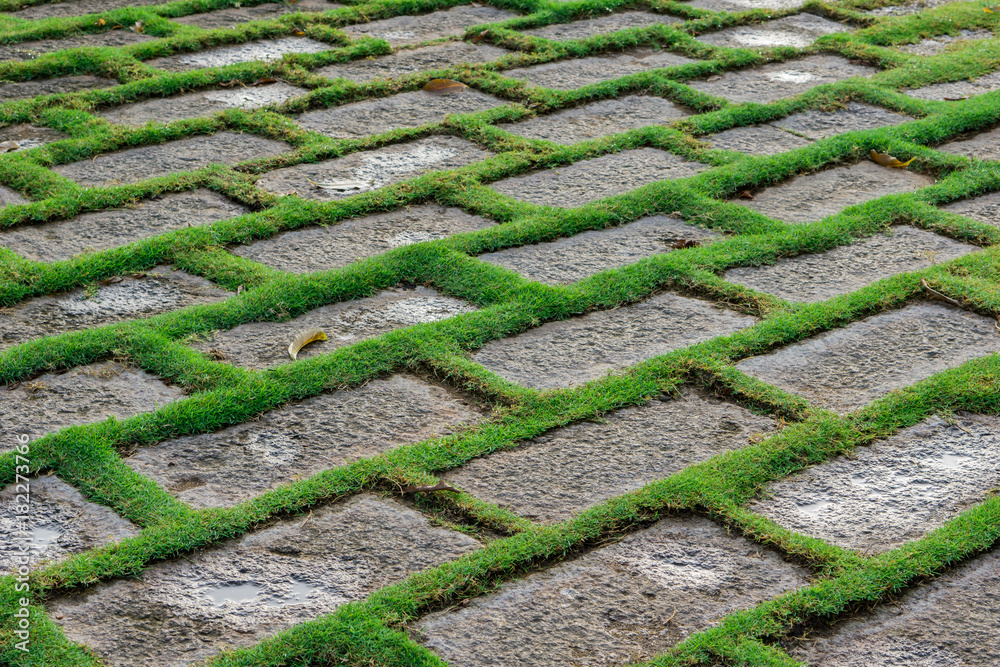 Background stone paver blocks with grass in gaps. Vietnam. Background stone paver blocks with grass in gaps. Vietnam.