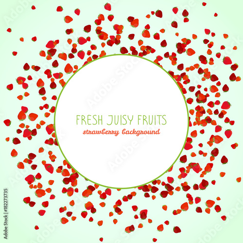 Strawberry season postcard with copy space. Fresh juicy fruits. Text frame. Vegetarian flyer. Healthy lifestyle poster. Tiny berry scatter.