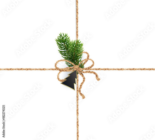 Crossover burlap strings for Christmas decorations, cards, packaging, background. Decoration or bouquet of composition of Christmas tree branches and Christmas decorations on top. Realistic vector