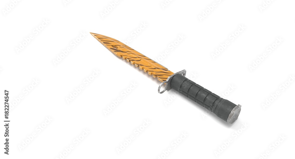 3D rendering - closeup orange striped gut knife isolated on white background. 3D rendering - closeup orange striped gut knife isolated on white background.