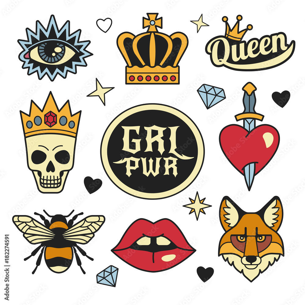 Naklejka premium Fashion patches collection. Vector illustration of medieval style female badges and symbols, such as crown, heart with dagger, skull in crown, fox face, lips, eye and bee. Isolated on background.
