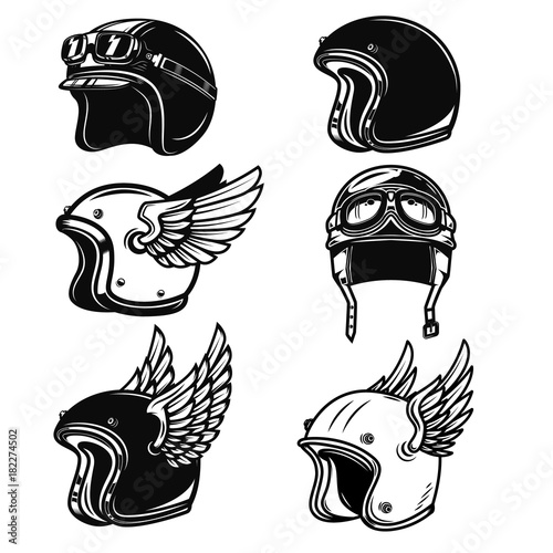 Set of the racer helmets. Design elements for logo, label, emblem, sign, badge. Vector illustration