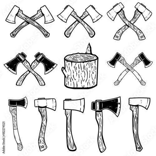 Set of the wood cuts, lumberjack axes. Design elements for logo, label, emblem, sign, badge. Vector illustration