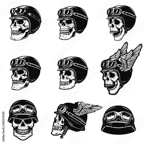 Set of the racer skulls isolated on white background. Skull in biker helmet. Design element for poster, emblem, t shirt. Vector illustration