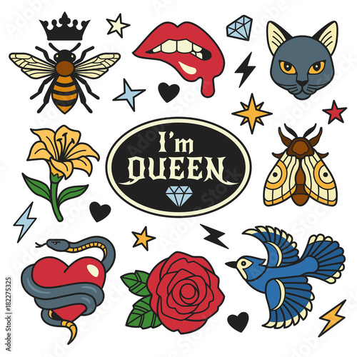 Fashion patches collection. Vector illustration of nature badges and symbols, such as bee, heart with snake, Blue Jay, cat face, lips, moth and lily. Isolated on background. photo