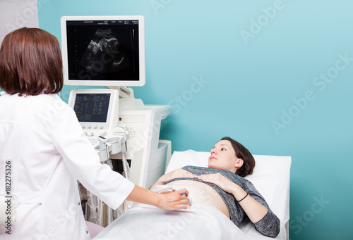 Photos Doctor scanning young pregnant woman performing obstetric ultrasonography