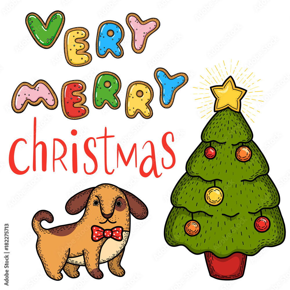 Hand drawn vector christmas greeting with christmas tree and a dog