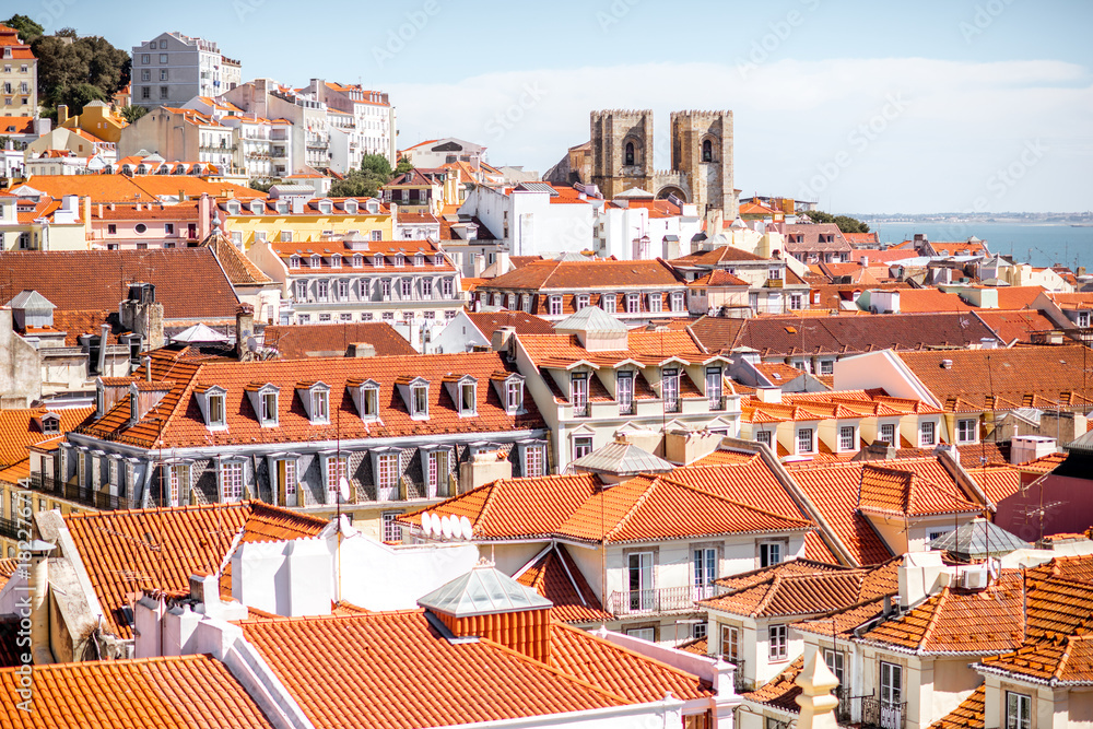 Cityscape view on the old town with cathedral of saint Mary Major in Lisbon city, Portugal
