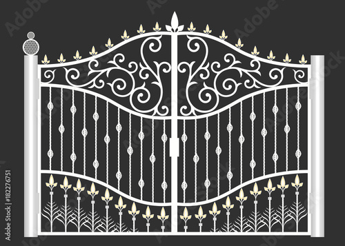 White metal gate with forged ornaments on a black background