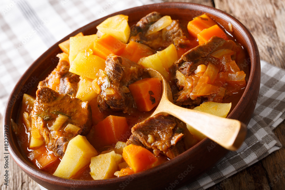 Spanish stew estofado with beef and vegetables in a bowl close-up. horizontal Spanish stew estofado with beef and vegetables in a bowl close-up. horizontal