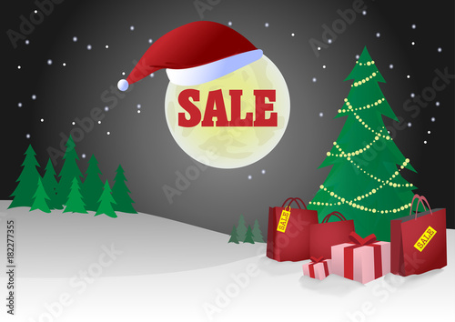 Poster discount sale with Christmas tree and gifts on the moonlight backgound