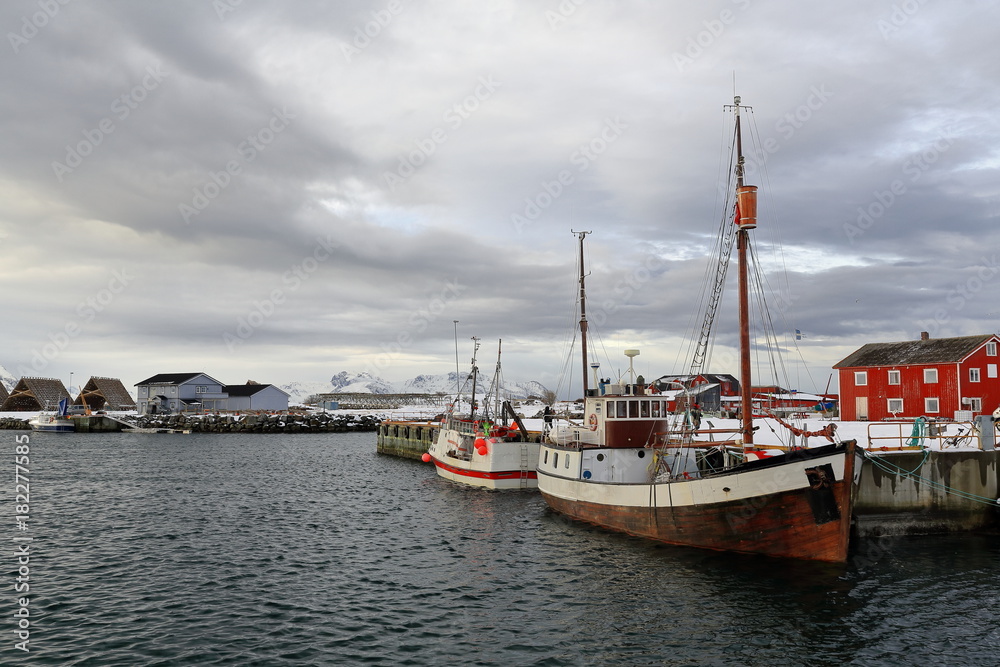 Fishing boats-old and modern-moored in the port. Laukvik-Vagan kommune-Austvagoya-Lofoten-Norway. 0622