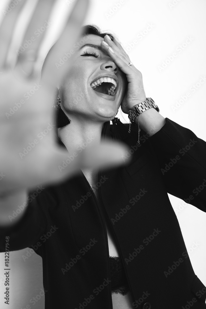 stylish crazy funny girl hiding from camera, laughing, white no isolated  background Stock Photo | Adobe Stock