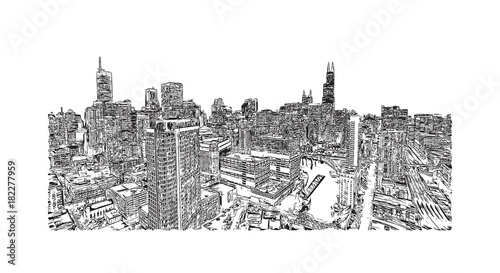 Hand drawn sketch of Chicago skyline, big city, architecture, engraving in vector illustration.