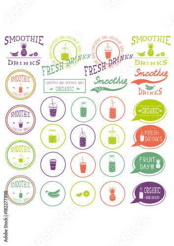 set of icons, logo, elements, symbols, emblems and labels  - smoothie, coffee to go, frappe, juice, fruits cocktail, lemonade,  mason jar, other fresh drinks, bottle. Multicolor and white.