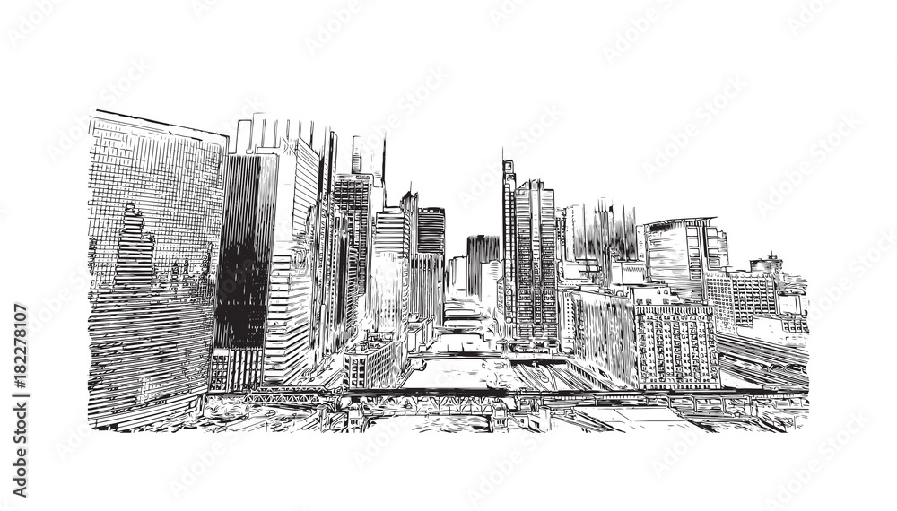 Obraz premium Hand drawn sketch of Chicago skyline, big city, architecture, engraving in vector illustration.