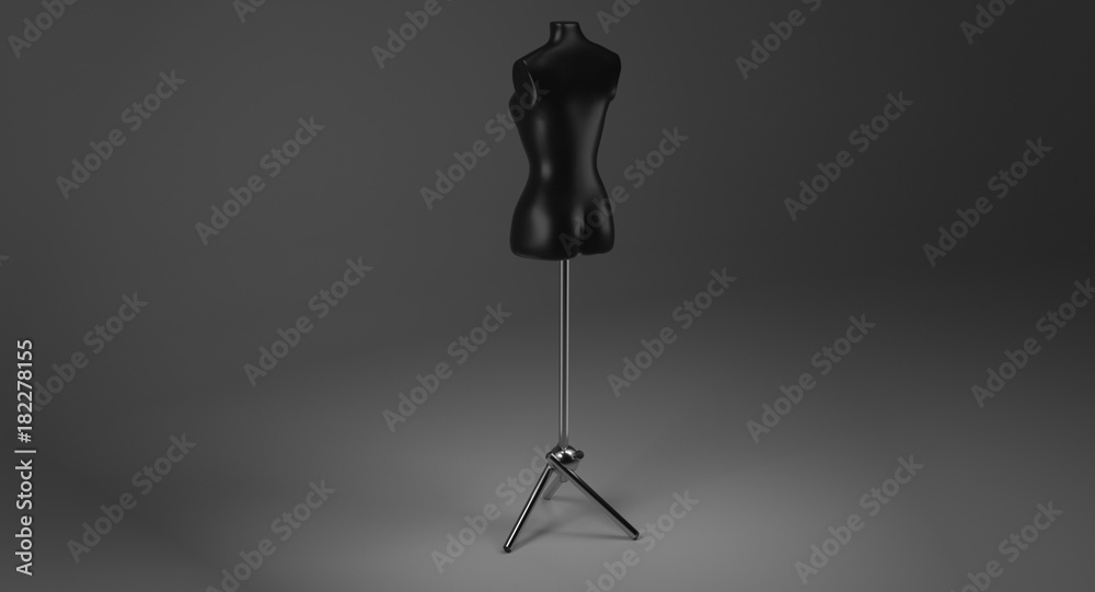 3D rendering - female black mannequin on metal stand for dressmaker isolated on black background. 3D rendering - female black mannequin on metal stand for dressmaker isolated on black background.