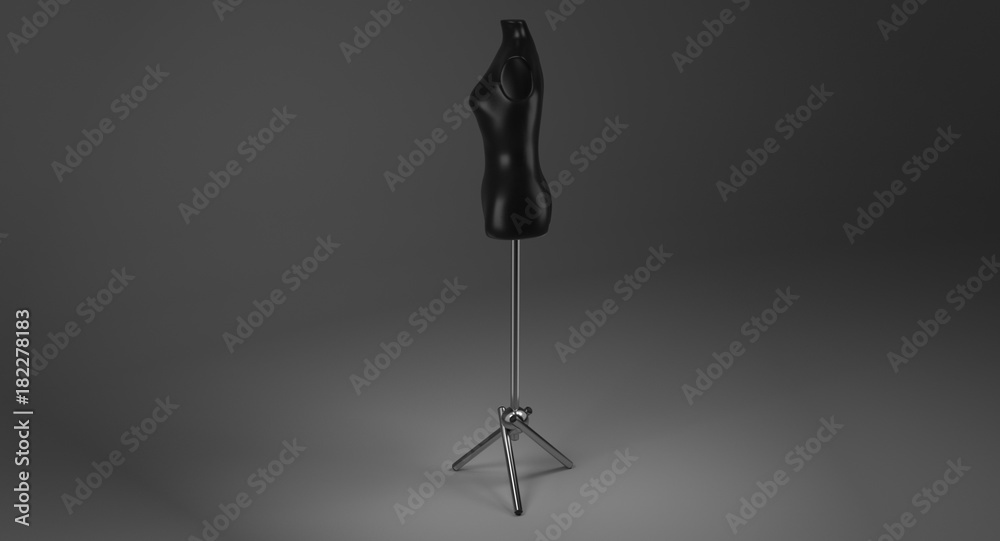 3D rendering - female black mannequin on metal stand for dressmaker isolated on black background. 3D rendering - female black mannequin on metal stand for dressmaker isolated on black background.