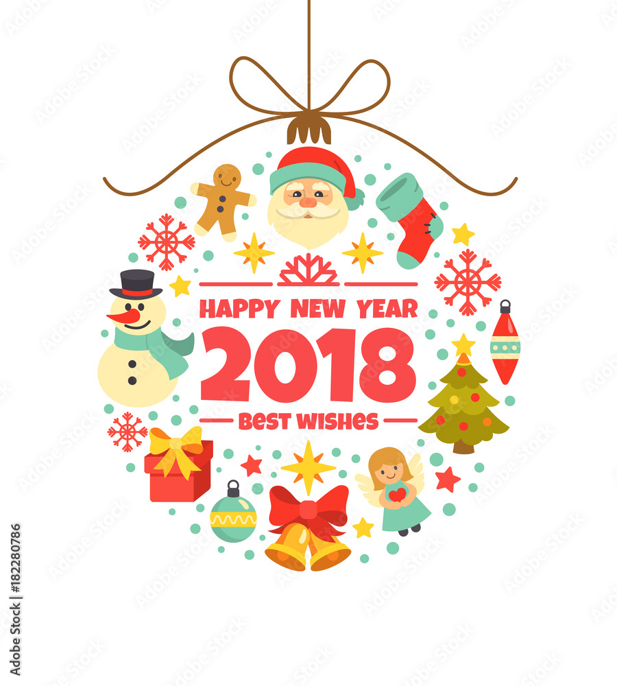 Happy New Year 2018 greeting card. Vector illustration with Christmas toy consisting of Christmas symbols and icons, including Santa, presents, snowman, gingerbread man and bells, isolated on white.