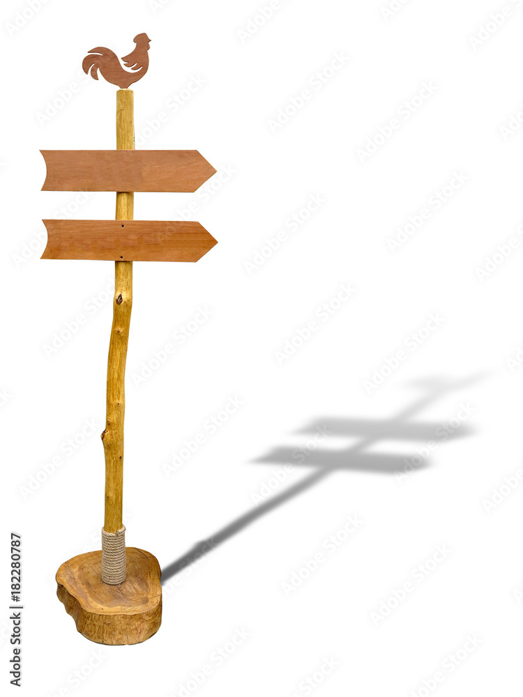 Empty wooden arrow sign post or road signpost isolated over white