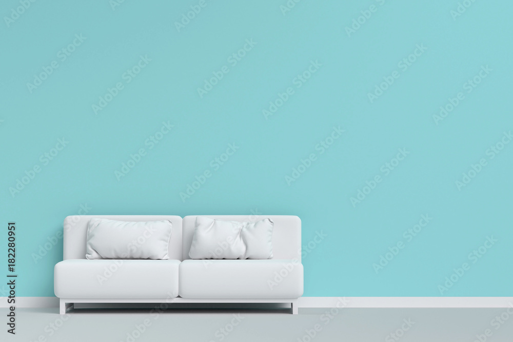 white sofa with pillow on the floor in mint green living room. minimal style concept. white sofa with pillow on the floor in mint green living room. minimal style concept.