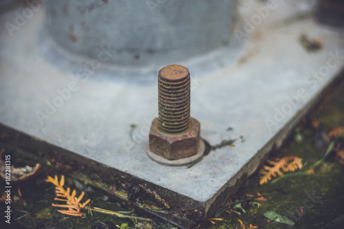 Rusty screw with nut caught in the ground