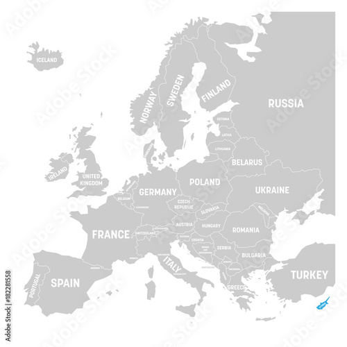 Cyprus marked by blue in grey political map of Europe. Vector illustration.