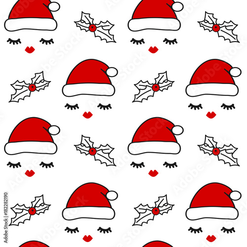 cute seamless vector pattern background illustration with eyelashes, red lips, santa's hats and holly
