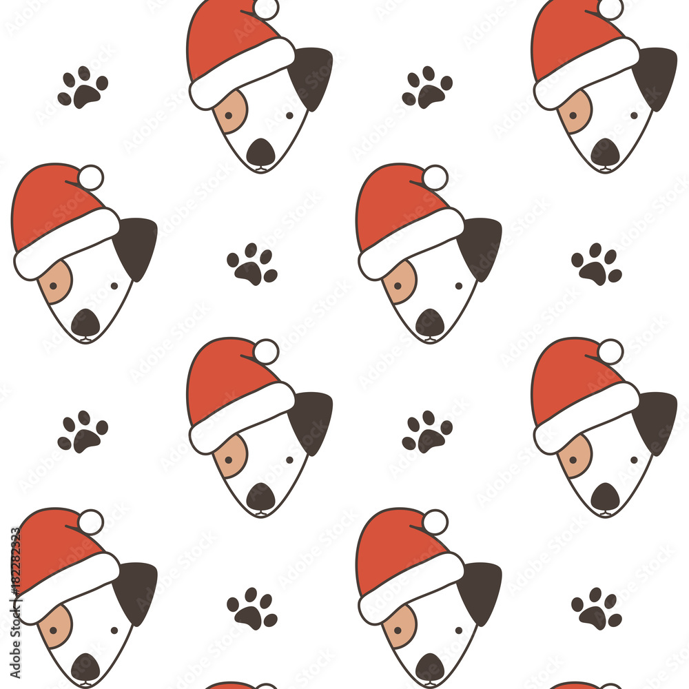 cute cartoon lovely christmas seamless vector pattern background illustration with dogs with santa's hat