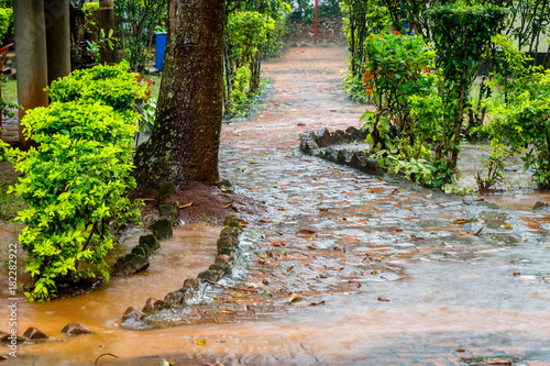 Rainy season in Uganda. The rain is so destructive that it breaks everything. The small road here is flooded after a rain shower.